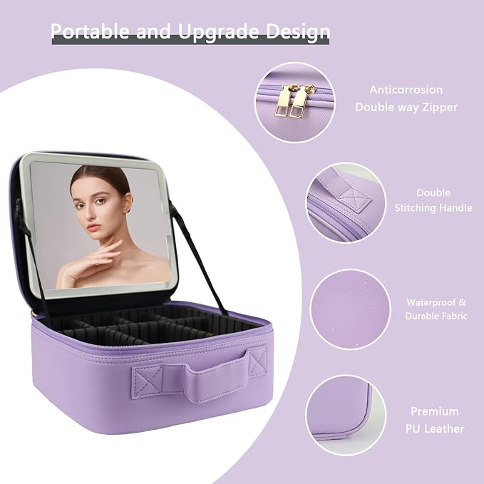 Makeup Bag with Led Mirror, Travel Makeup Organizer with 3 Color Setting & 10X