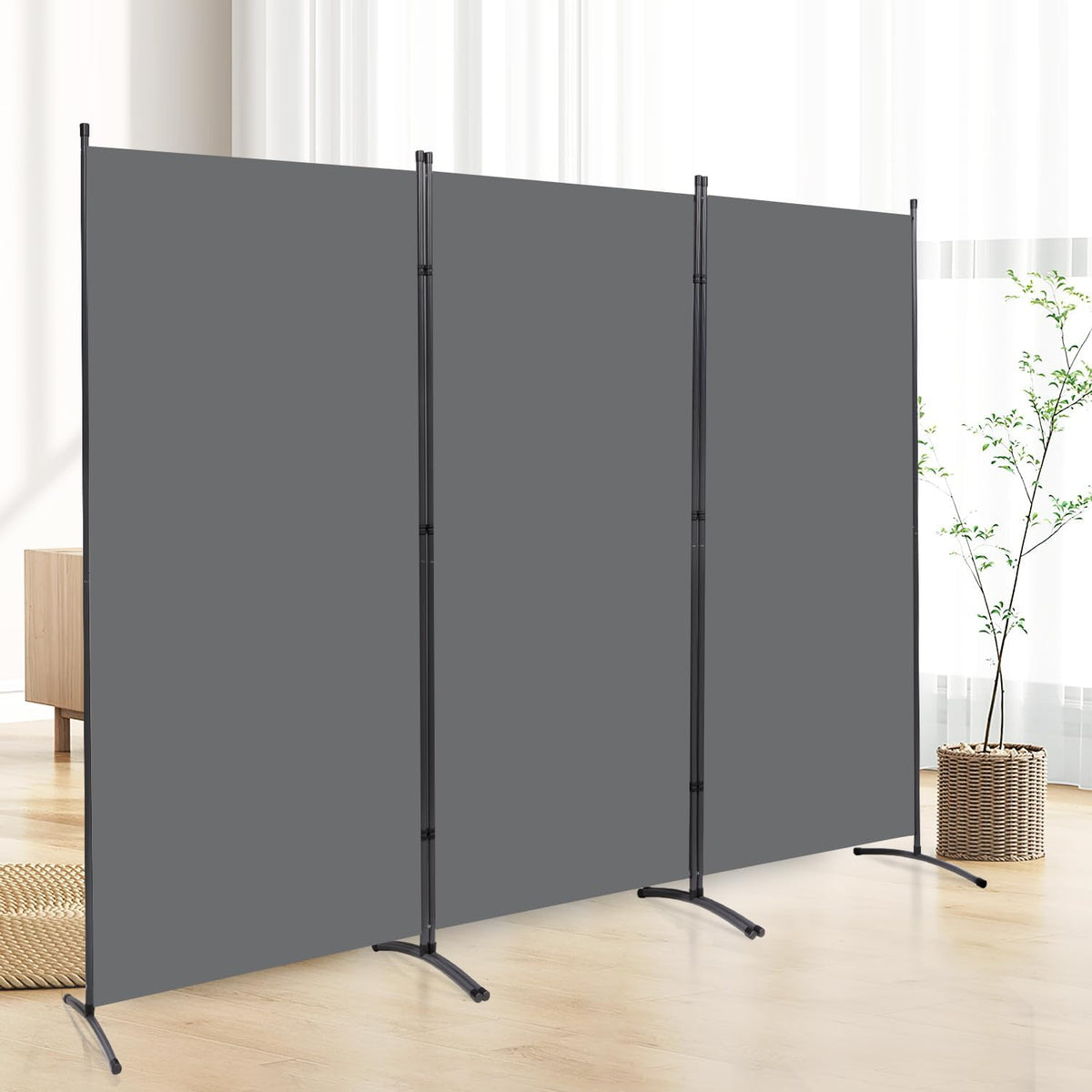 6 FT Tall Room Divider Screen Fabric Wall Divider with Metal Frame, 3 Panel Folding Privacy Screens, Portable Room Divider Panel, Freestanding Room Divider Partition for Office Bedroom Study, Grey