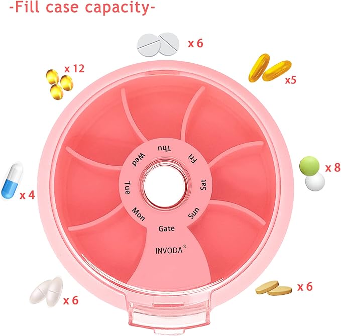 INVODA Weekly Pill Organizer 7 Compartment Rotating Pill Box