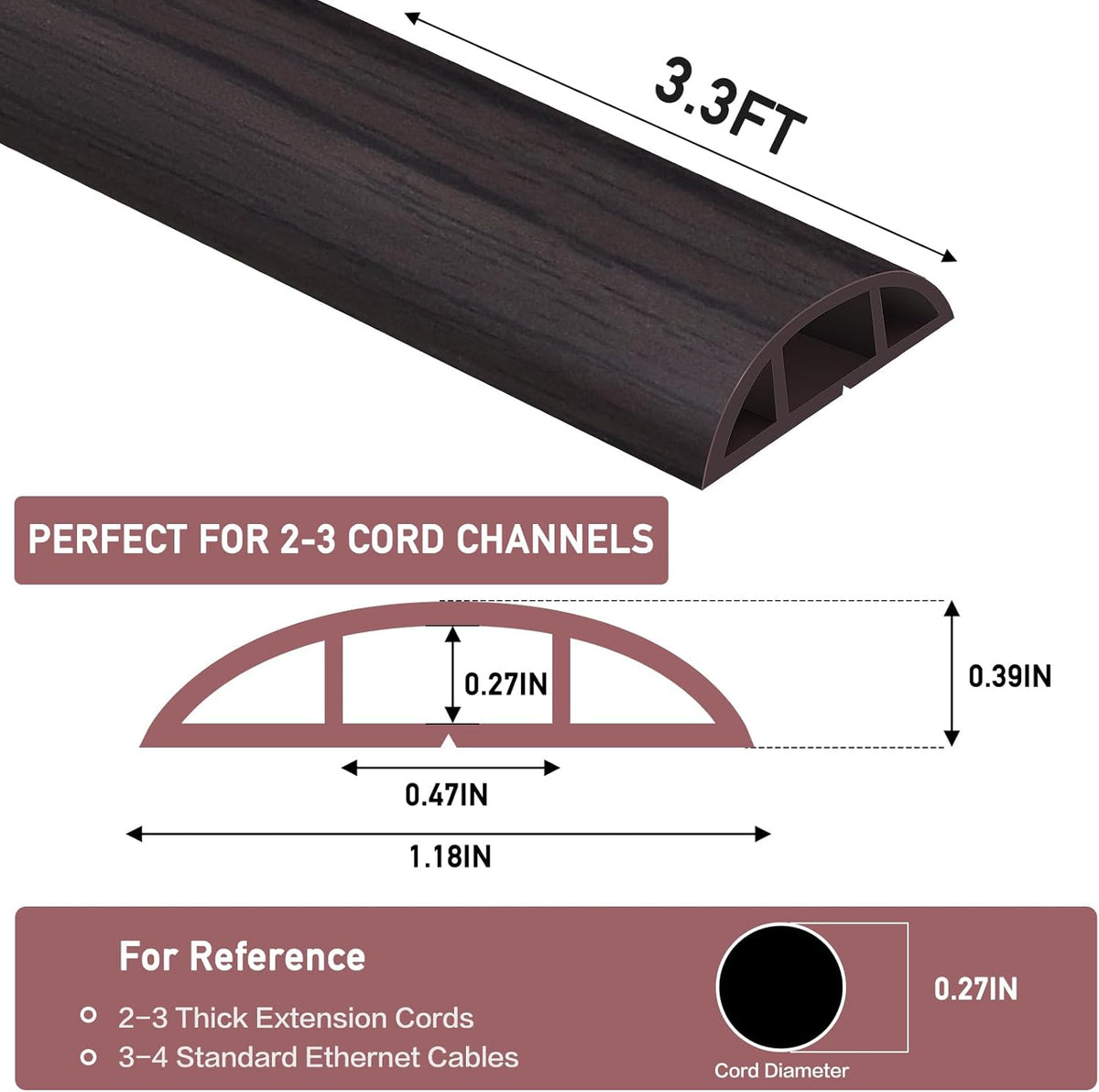 Floor Cord Cover Self Adhesive Cord Hider Floor Extension Cord Covers for Floor Power Cord Protector Cable Management Prevent Cable Trips Cable Cavity 0.47" W x 0.27" H (Dark Walnut, 3.3Ft)