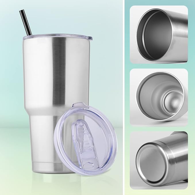 DOMICARE 30 oz Tumbler with Lid and Straw, Stainless Steel Tumblers Bulk, Insulated Vacuum Double Wall Travel Coffee Mug, Durable Powder Coated Tumbler Cups (Stainless Steel, 4)