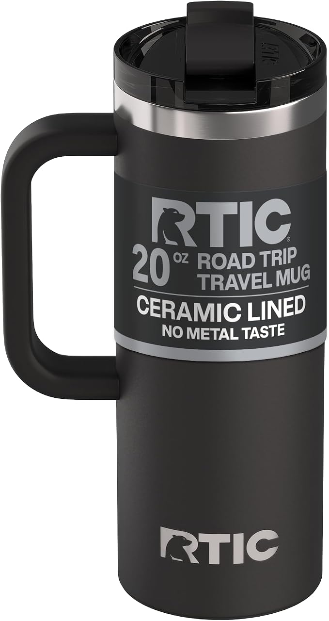 RTIC 20oz Road Trip Travel Mug with Lid and Handle, Ceramic Lined, Insulated, Stainless Steel, Metal, Double Wall Vacuum-Insulation, Portable Coffee, Tea Cup for Hot and Cold Drink, Black