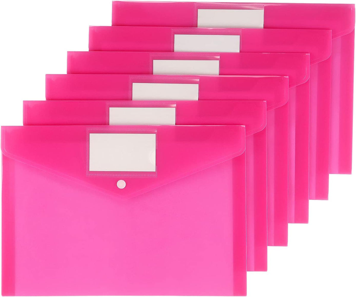 6 Pack Clear Document Folders Plastic Envelopes Poly Envelopes File Envelopes with Label Pocket and Snap Button for Home Work Office Organization, Letter Size/A4 Size (Pink)