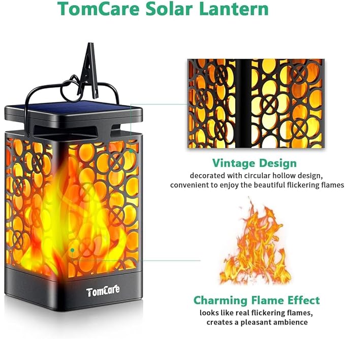 TomCare Solar Lanterns Outdoor Upgraded Flickering Flame Waterproof Hanging