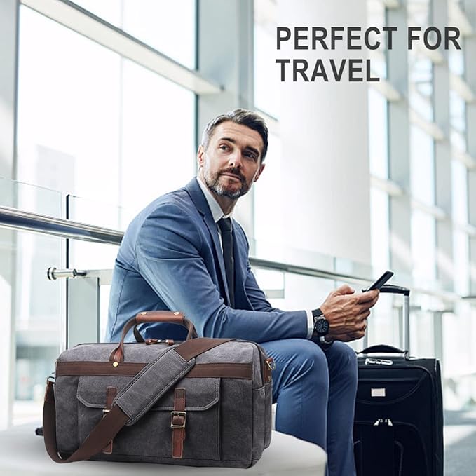 Duffle Bag for Men Waterproof Genuine Leather Canvas Travel Duffel Bags for