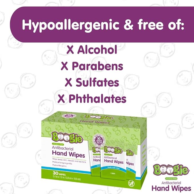 Antibacterial Hand Wipes by Boogie, Alcohol Free, Hypoallergenic and