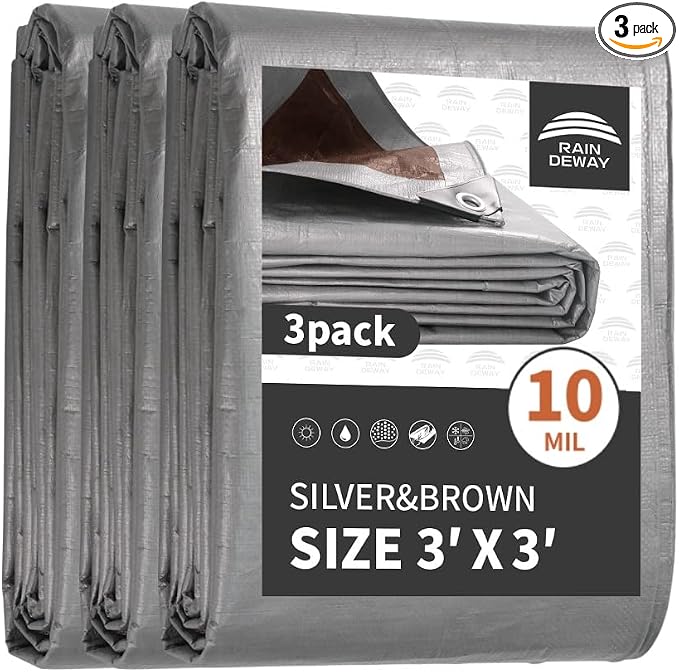 RAINDEWAY Small Tarps Heavy Duty Waterproof 3x3 Feet, 10Mil Multipurpose Poly