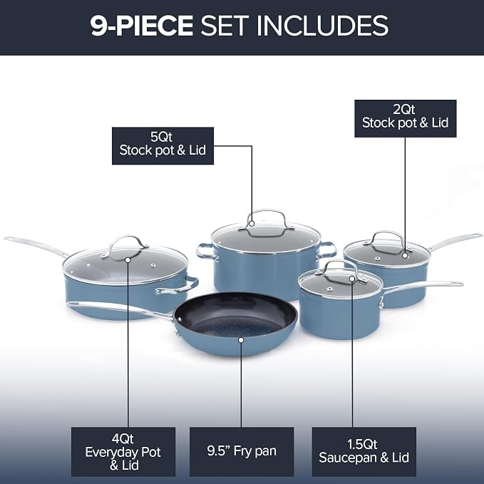 Nuwave Healthy Duralon Blue Ceramic Nonstick Coated 9pc Cookware Set,