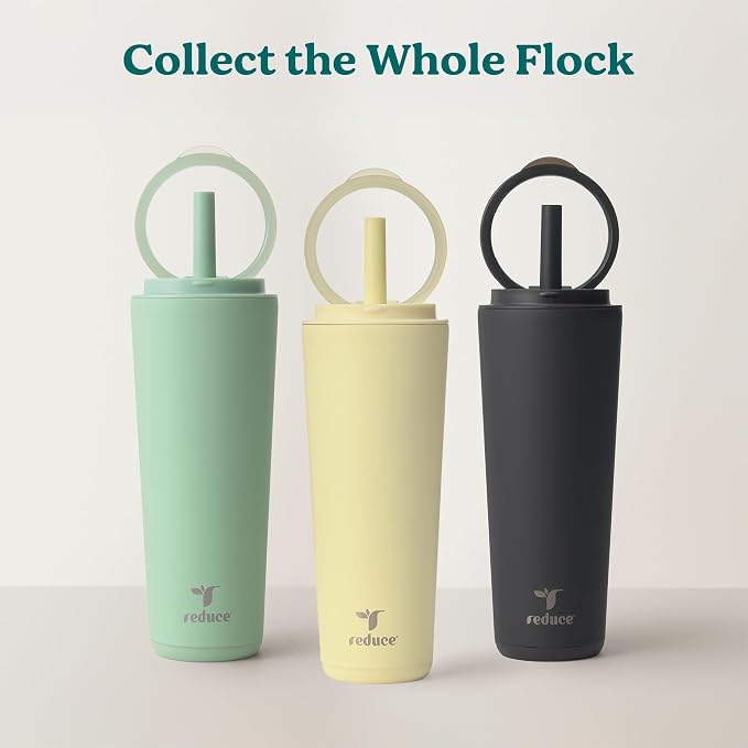 REDUCE Halo 24 oz Stainless Steel Vacuum Insulated Tumbler - Spill Proof Travel Mug with Flip Handle Lid - Keeps Drinks Cold for 32 Hrs - Dishwasher Safe - Cupholder Friendly - Unbleached