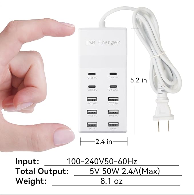 USB Charging Station, 10 Ports Family-Sized USB C Charger Block, USB Power Strip
