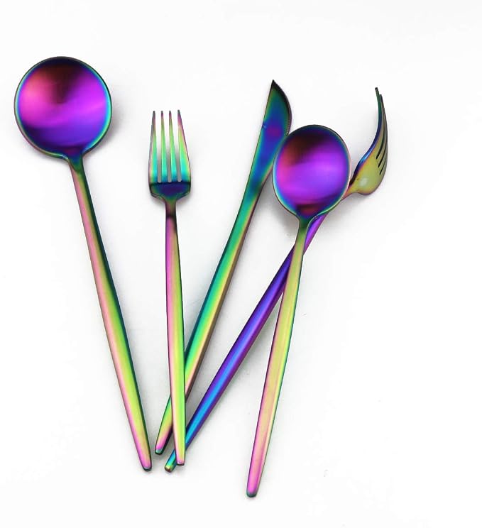 Matte Rainbow Silverware, Gugrida 5-Piece 18/10 Stainless Steel Flatware Set