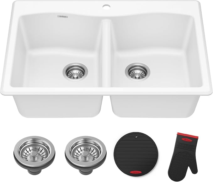 KRAUS Forteza 33-inch Granite Drop In/Undermount 50/50 Double Bowl White