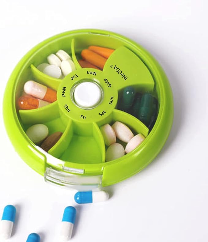 INVODA Weekly Pill Organizer 7 Compartment Rotating Pill Box
