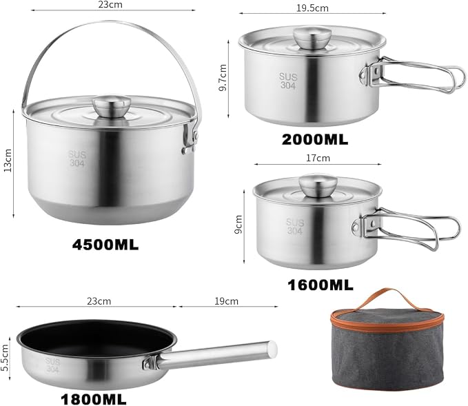 304 Stainless Steel Camping Cookware Set, Pots and Pans