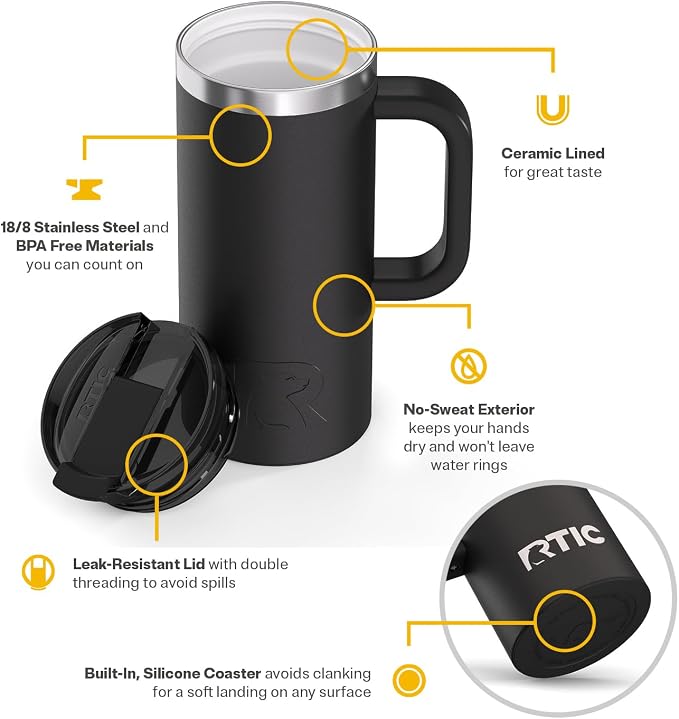 RTIC 16oz Road Trip Travel Mug with Lid and Handle, Ceramic Lined, Insulated, Stainless Steel, Metal, Double Wall Vacuum-Insulation, Portable Coffee, Tea Cup for Hot and Cold Drink, Black