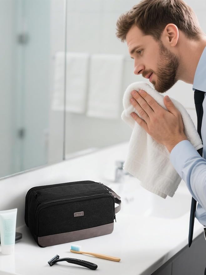 WANDF Toiletry Bag for Men Travel Toiletry Organizer Canvas and Leather Dopp
