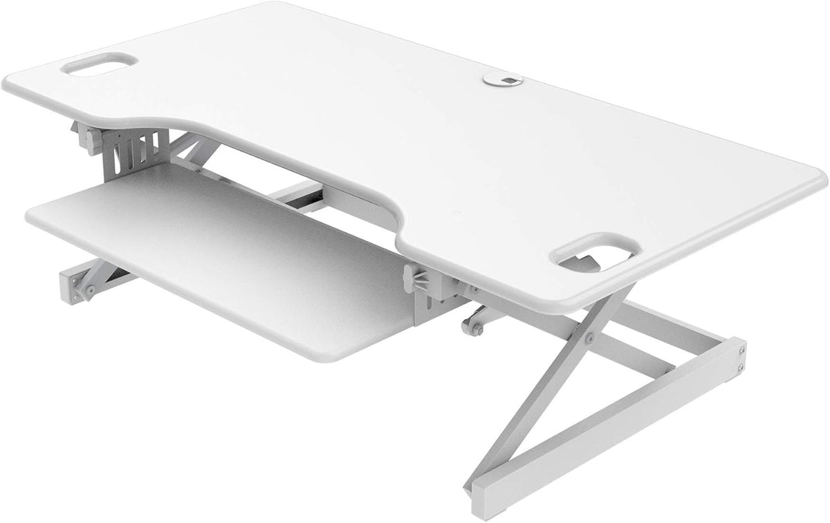 Rocelco 46" Large Height Adjustable Standing Desk Converter - Quick Sit Stand Up Triple Monitor Riser - Gas Spring Assist Computer Workstation - Retractable Keyboard Tray - White (R DADRW-46)