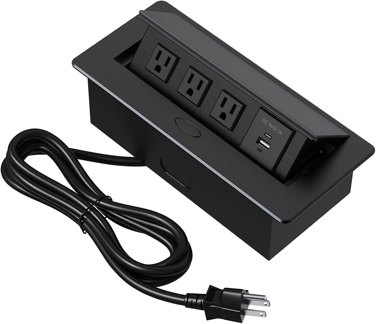 KYHSHJ Connection Box Desktop Pop Up Outlet with 3 * 15A Receptacle，2.1A 1 USB-A Ports &1 USB-C Port，Corrosive Resistant Hardware,Black