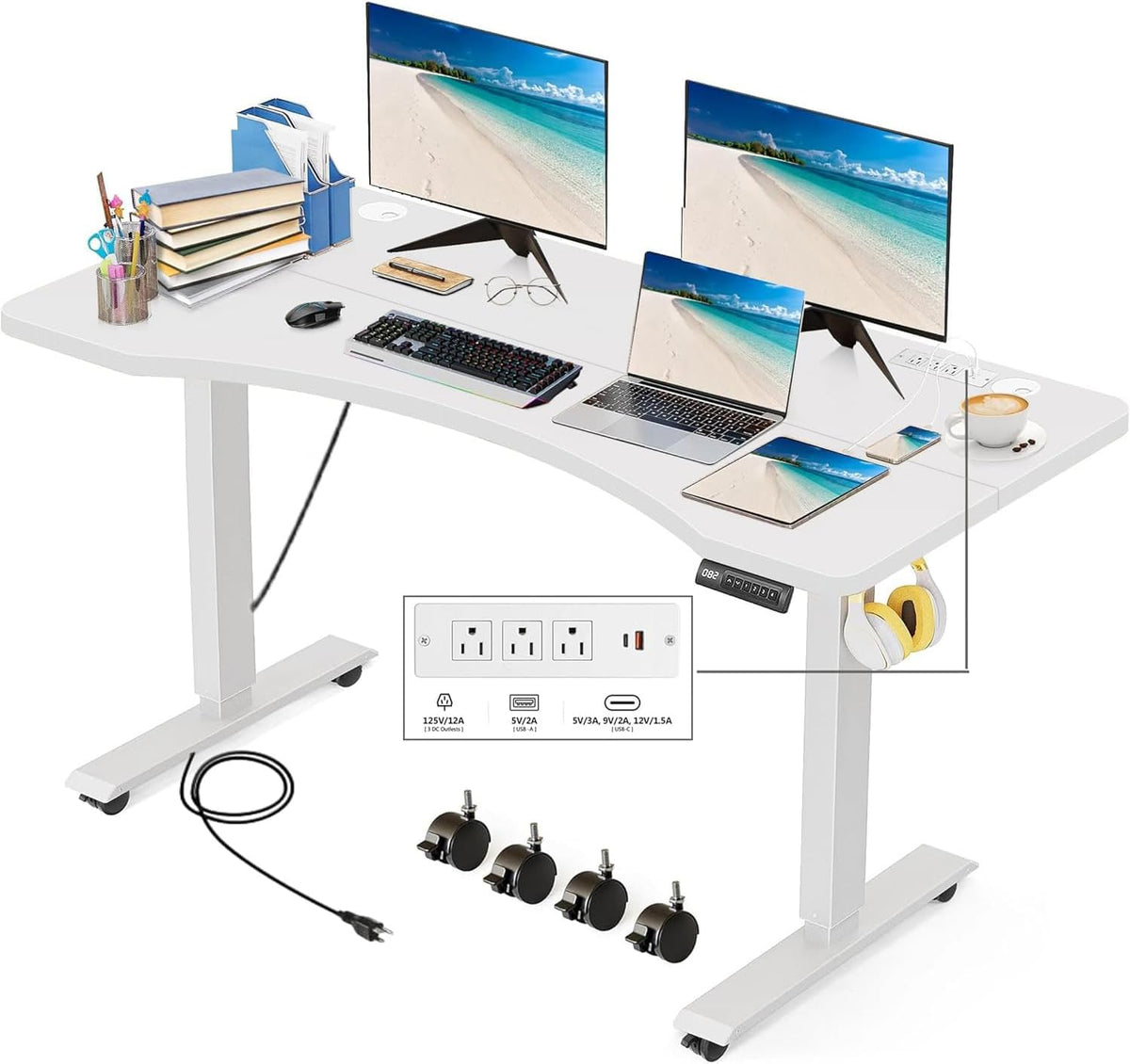 Electric Standing Desk 48 x 24 Inches Adjustable Height Ergonomic Sit Stand Up Desk Curved for Home Office Computer Workstation with 2 USB Ports 3 Power Outlets Memory Preset Wheels, White
