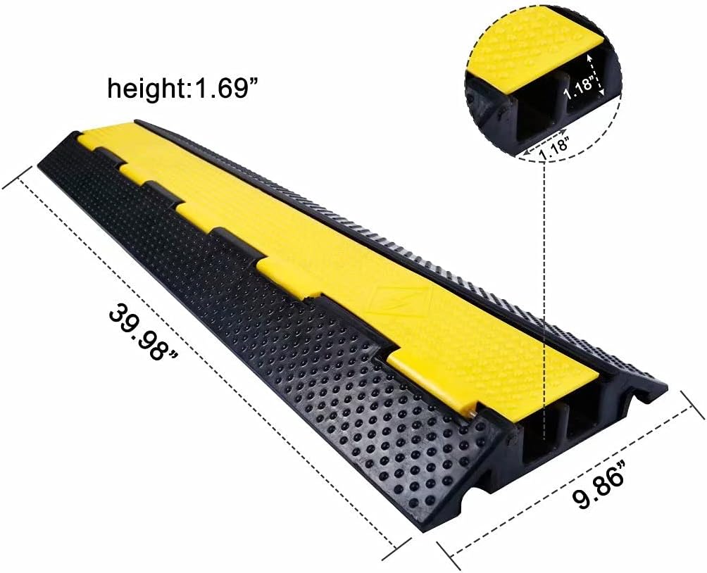 Rubber Cable Ramp Cord Cover Cable Protector Ramps Wire Hose Protective 2 Channel 22000Lbs Load Capacity Traffic Speed Bump for Asphalt Concrete Gravel Driveway Indoor Outdoor, 2 Pack