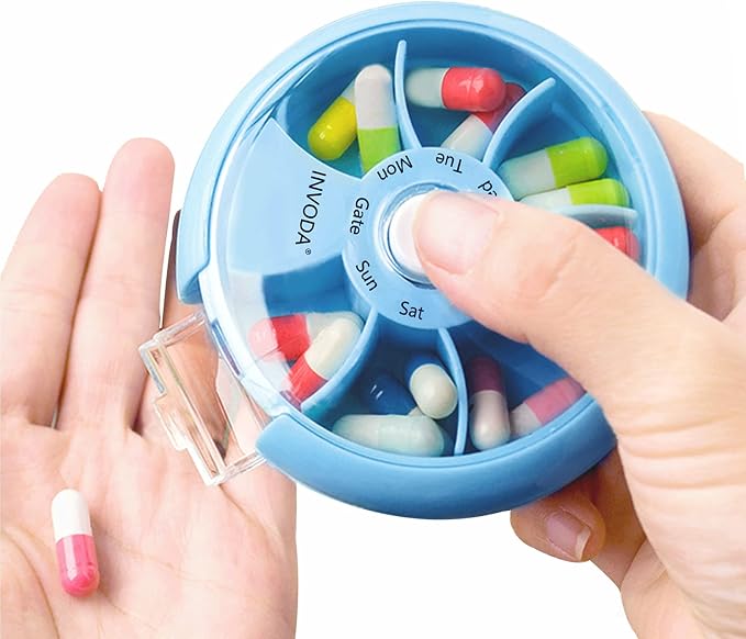INVODA Weekly Pill Organizer 7 Compartment Rotating Pill Box