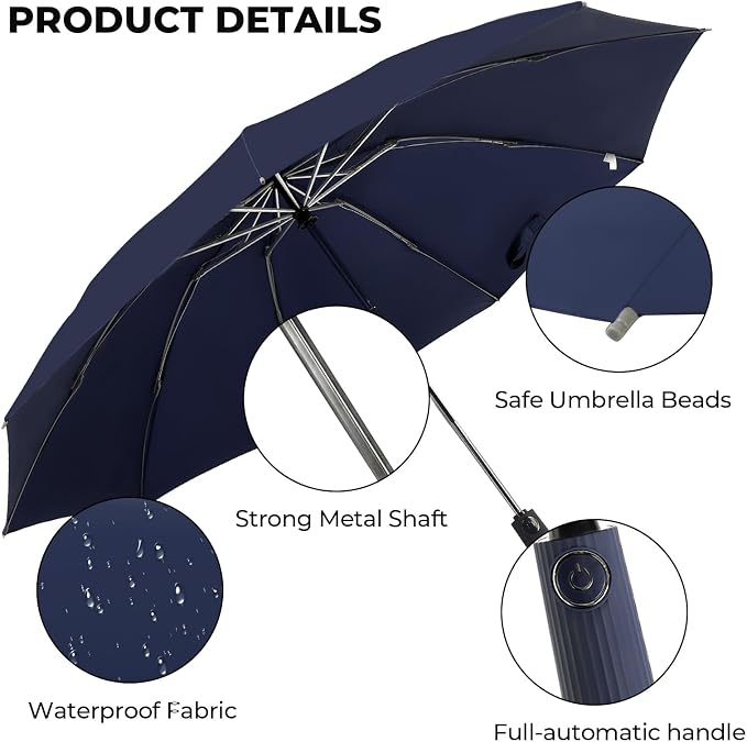 Compact Inverted Travel Umbrella, Automatic Open Close, 9-Rib 46 Inch Windproof