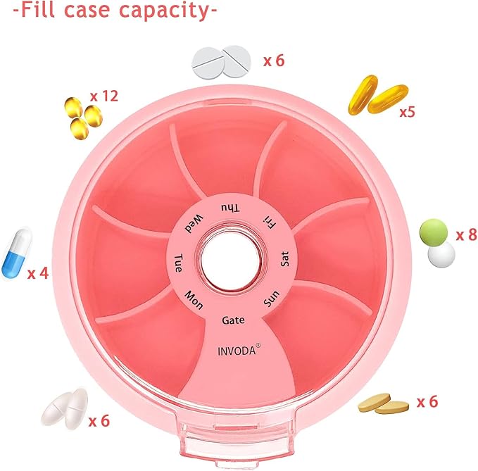 8PCS INVODA Weekly Pill Organizer 7 Compartment Rotating Pill Box