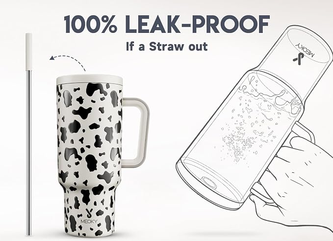 Meoky 40 oz Tumbler with Handle and Straw, Tumbler with Lid and Straw, Insulated Stainless Steel Travel Mug, 100% Leak-proof, Keeps Cold for 34 Hours or Hot for 10 Hours (Cow)