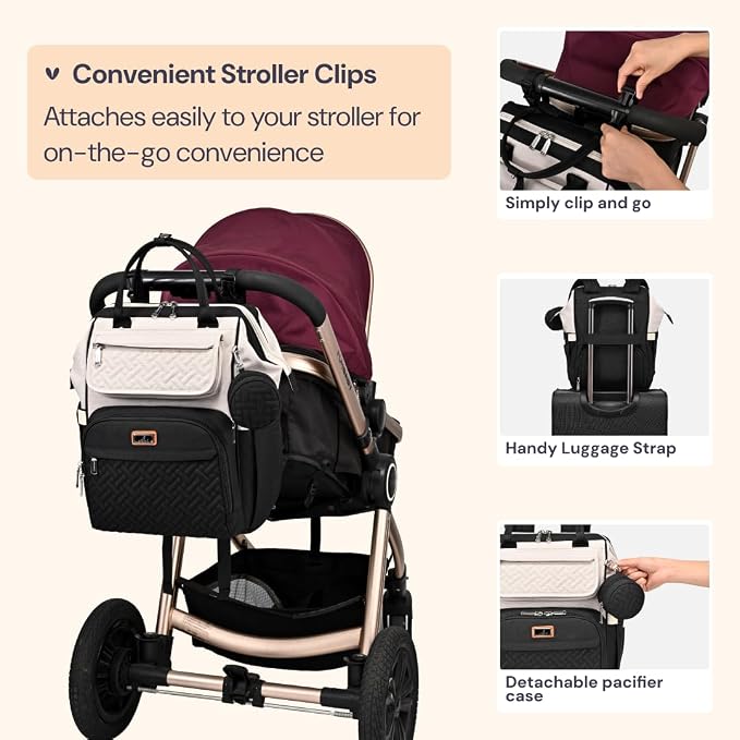 BabbleRoo Diaper Bag Backpack, Stroller Straps & Pacifier Case, Unisex Stylish