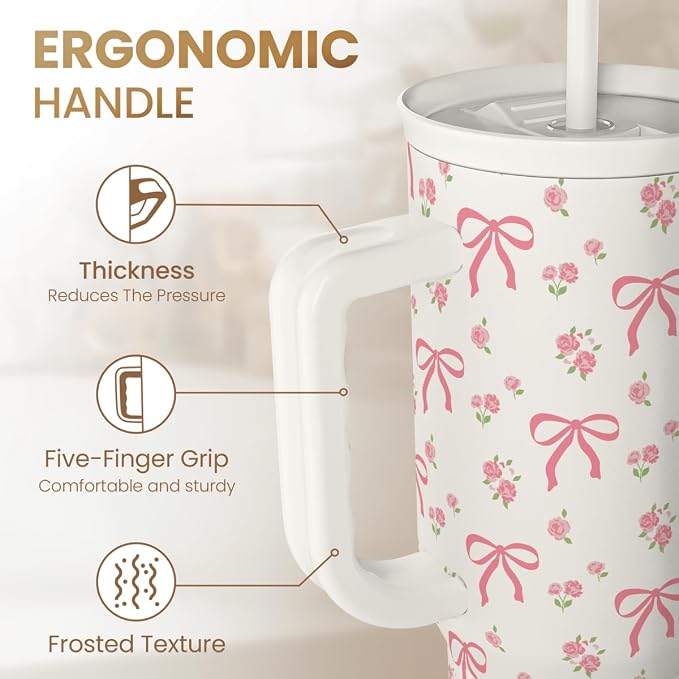 Bow Tumbler with Handle 40oz, Stainless Steel Insulated Tumblers Coffee Travel Cup with Slider Straw Lid, Gifts for Women Teen Girls Birthday