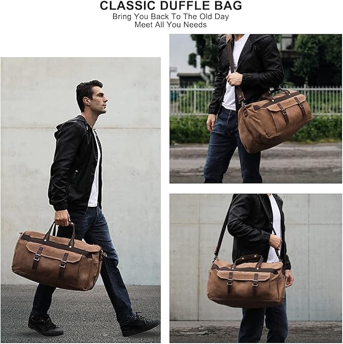 Duffle Bag for Men Waterproof Genuine Leather Canvas Travel Duffel Bags for