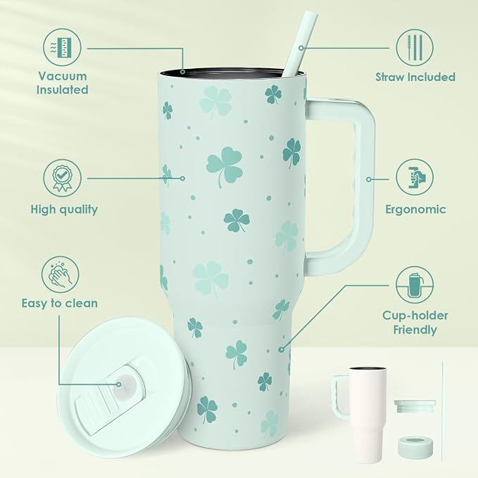 40oz Shamrock Tumbler with Handle and Straw - Insulated Stainless Steel Coffee Travel Mug, Christmas St. Patrick's Day Irish Gifts