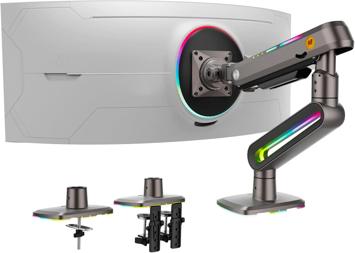NB Designer Gaming Monitor Arm for 32 to 60 Inches Screen, Load up to 20 kg, VESA 75/100, RGB-Light, Heavy Duty, Multi Angle Adjustable, Premium Aluminum, Long Arm Extension Grey Black