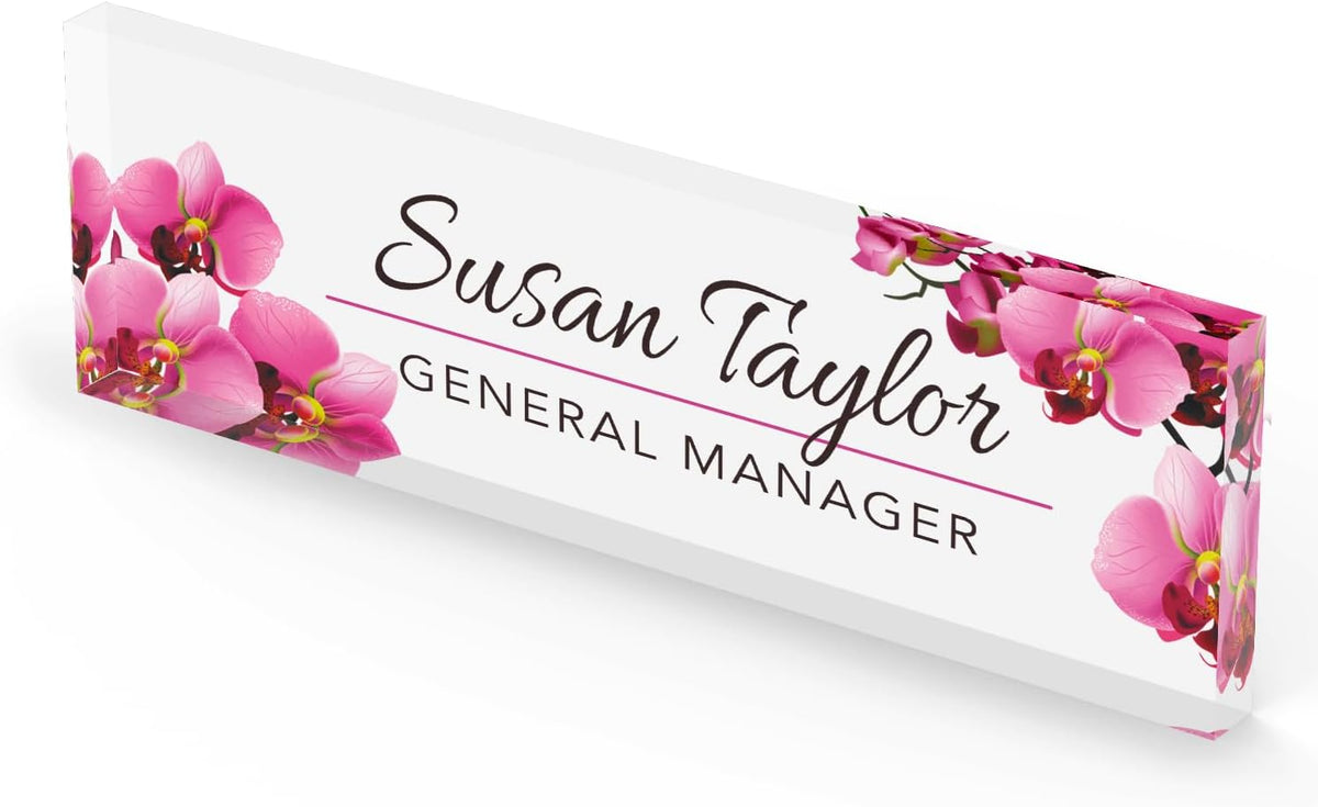 Artblox Office Personalized Name Plate for Desk with Business Card Holder On Clear Acrylic Glass Orchids Flowers Design Custom Desk Name Plate with Your Name and Credentials Customized Gift