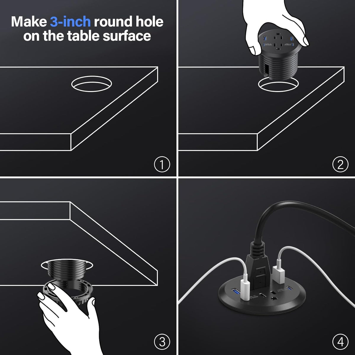 Jgstkcity Desktop Power Grommet, 65W USB C Fast Charging Port, Flush Mount Recessed Power Strip 3inch Hole,2 Outlets,4 USB Ports, Countertop Outlet (Black, 65W USB Port)