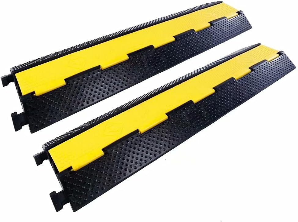Rubber Cable Ramp Cord Cover Cable Protector Ramps Wire Hose Protective 2 Channel 22000Lbs Load Capacity Traffic Speed Bump for Asphalt Concrete Gravel Driveway Indoor Outdoor, 2 Pack