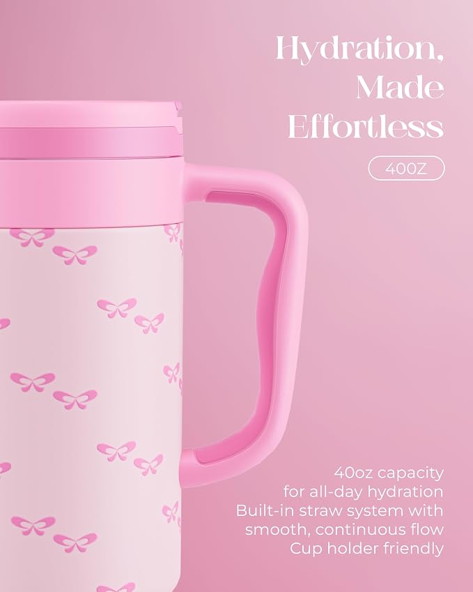 40 oz Insulated Tumbler with Handle and Push-Button Straw Lid, Stainless Steel Travel Cup for Gym Office Leakproof, BPA-Free, Cup Holder Friendly, Bow Silicone Boot, Pink (Coquette Bubblegum)