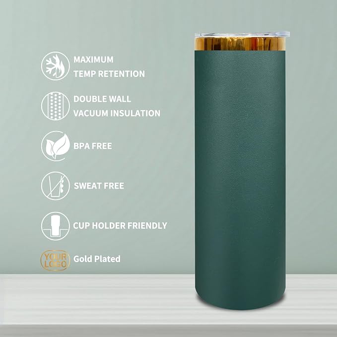 20 oz Skinny Tumblers Stainless Steel Tumbler with Lid and Straw Double Wall Vacuum Insulated Coffee Mug 20oz Powder Coated Cup for Hot and Cold Drinks(Green,4 pack)