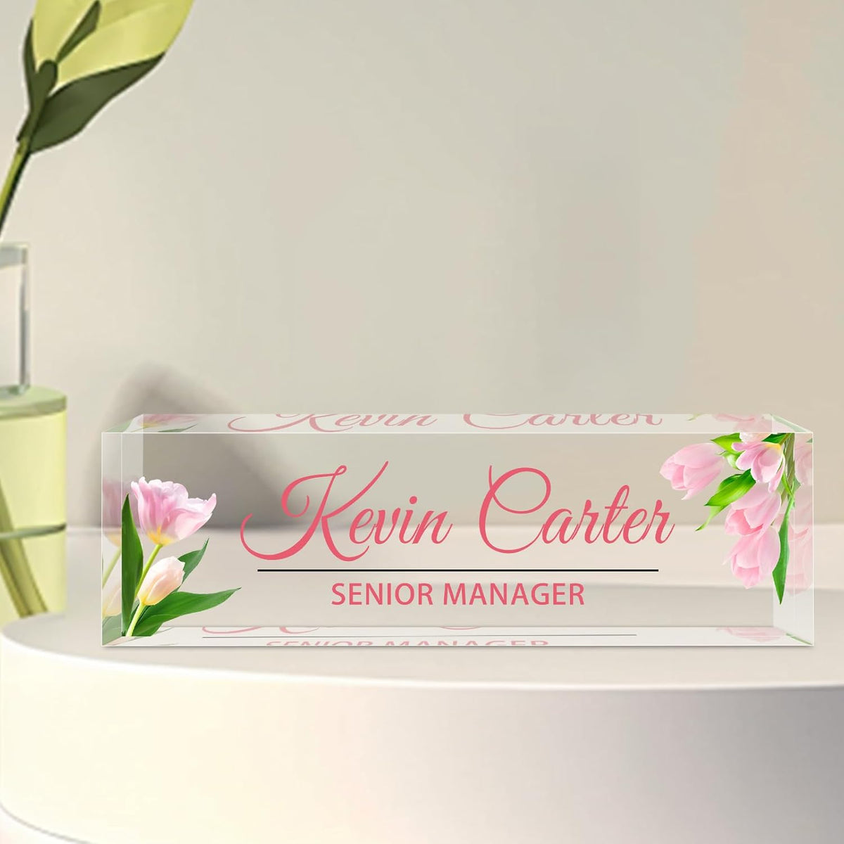 Name Plate for Desk Personalized, Acrylic Desk Decorations, Employee Appreciation Gifts, Custom Office Gifts for Coworkers, Boss, Teacher, Nurse (Pink Tulips)