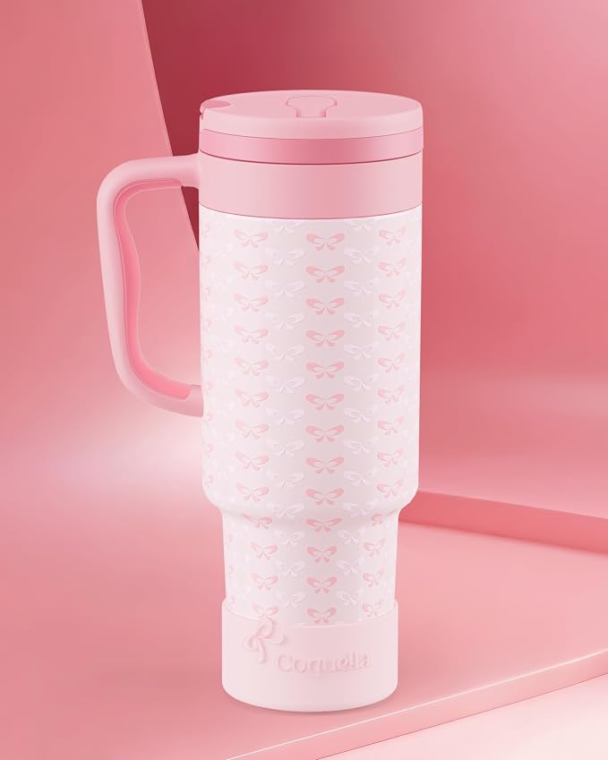 40 oz Insulated Tumbler with Handle and Push-Button Straw Lid, Stainless Steel Travel Cup for Gym Office, Leakproof, BPA-Free, Cup Holder Friendly, Bow Silicone Boot, Pink (Coquette Blush)