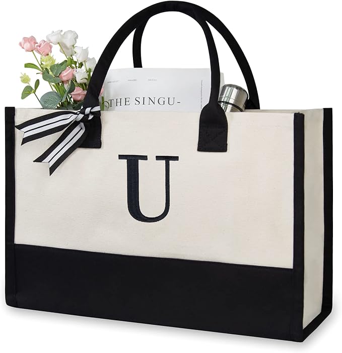 TOPDesign Embroidery Initial Canvas Tote Bag, Personalized Present Bag