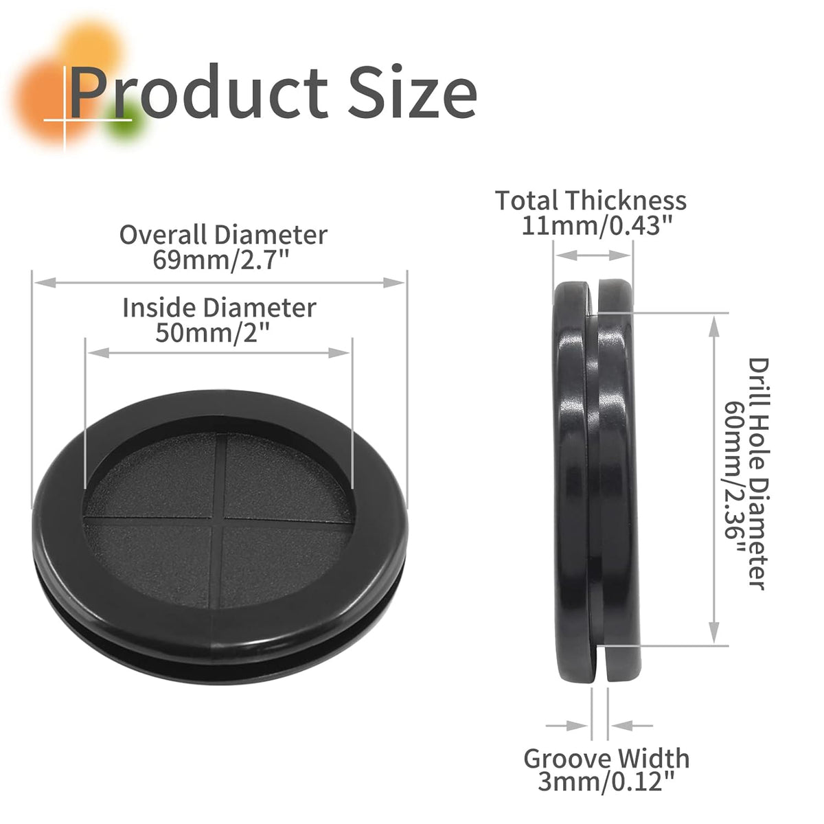 4 Pack Rubber Grommets 2" Inside Diameter 2-3/8" Drill Hole, Firewall Plug Grommet Rubber Grommets Wire Protection, Double Sided Round (Black)