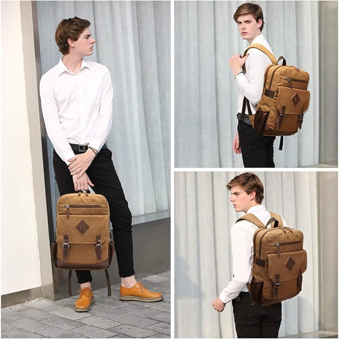 Canvas Backpack for Men Women, Vintage Rucksack Fits Most 15.6 Inch Laptop
