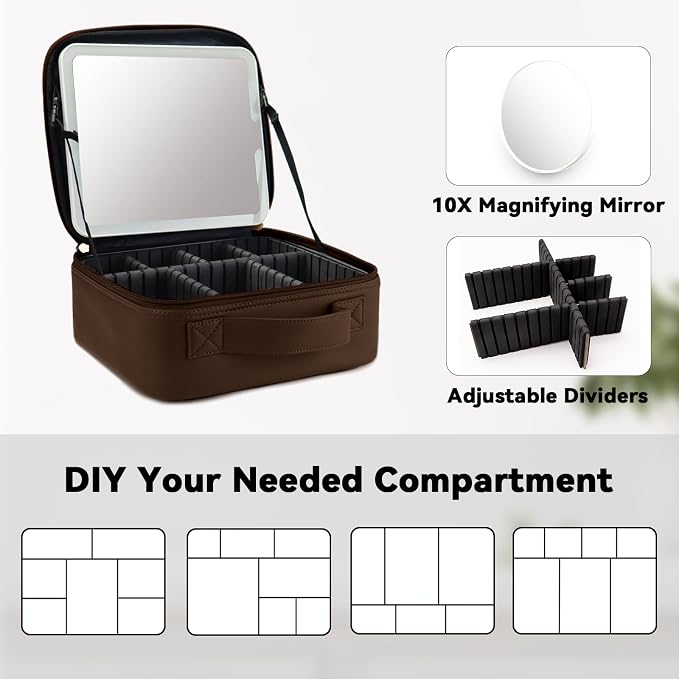 Travel Makeup Bag with LED Mirror and 10x magnifying glass with 3 Lighted