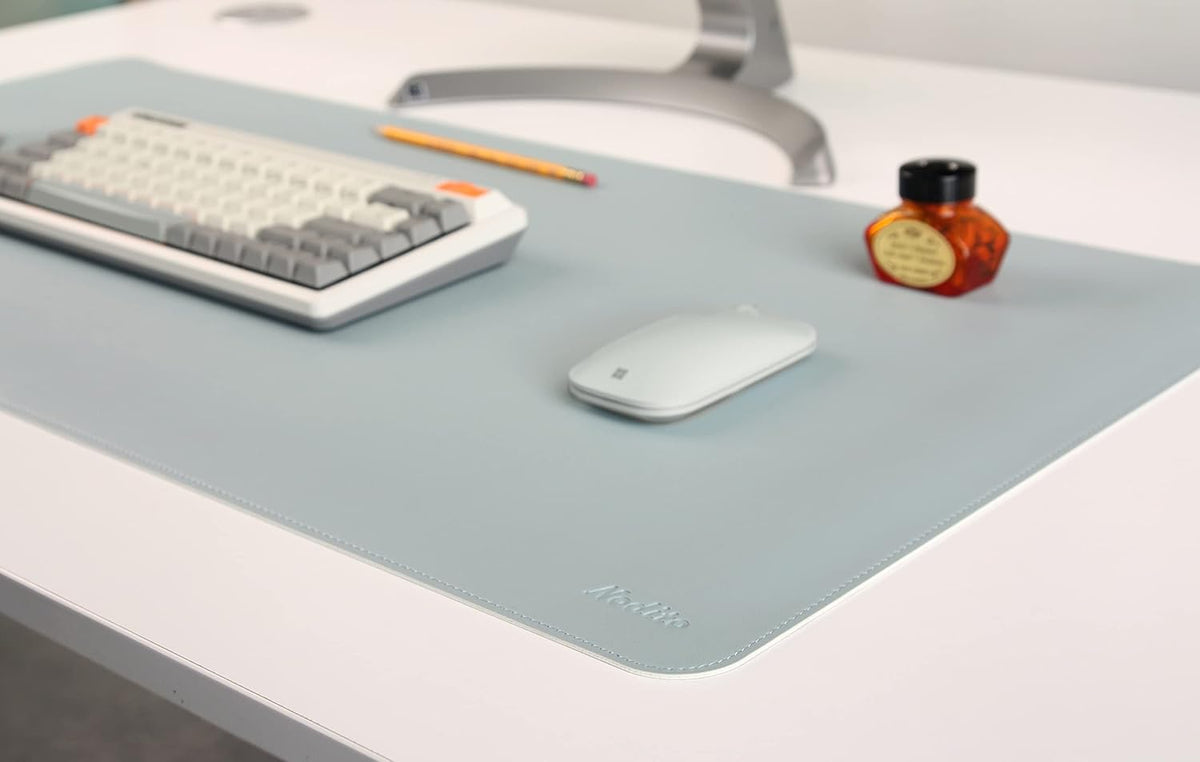 DeskPaw Dual-Sided Leather Desk Pad,Blotter for Laptop Computer,Mouse Pad,Writing,Drawing,Arts and Craft Mat (Blue/Silver, 17" x35”)