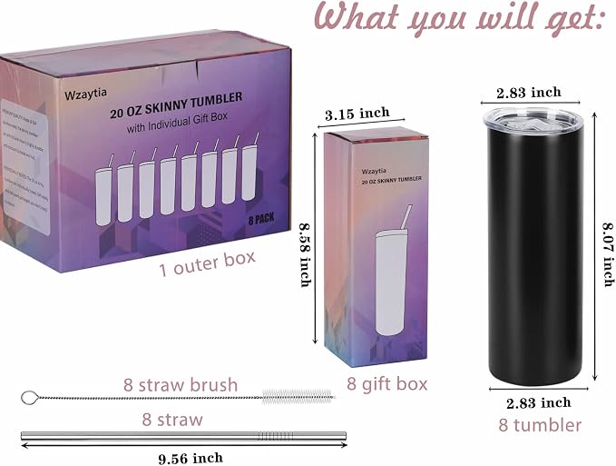 20 Oz Stainless Steel Straight Skinny Tumbler Set (8 Pack), Insulated Slim Thin Travel Cup with Lid, Black