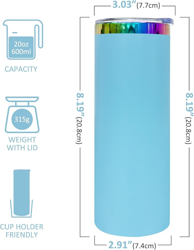 20 oz Skinny Tumblers Stainless Steel Tumbler with Lid and Straw Double Wall Vacuum Insulated Coffee Mug 20oz Powder Coated Cup for Hot and Cold Drinks(Blue,4 pack)