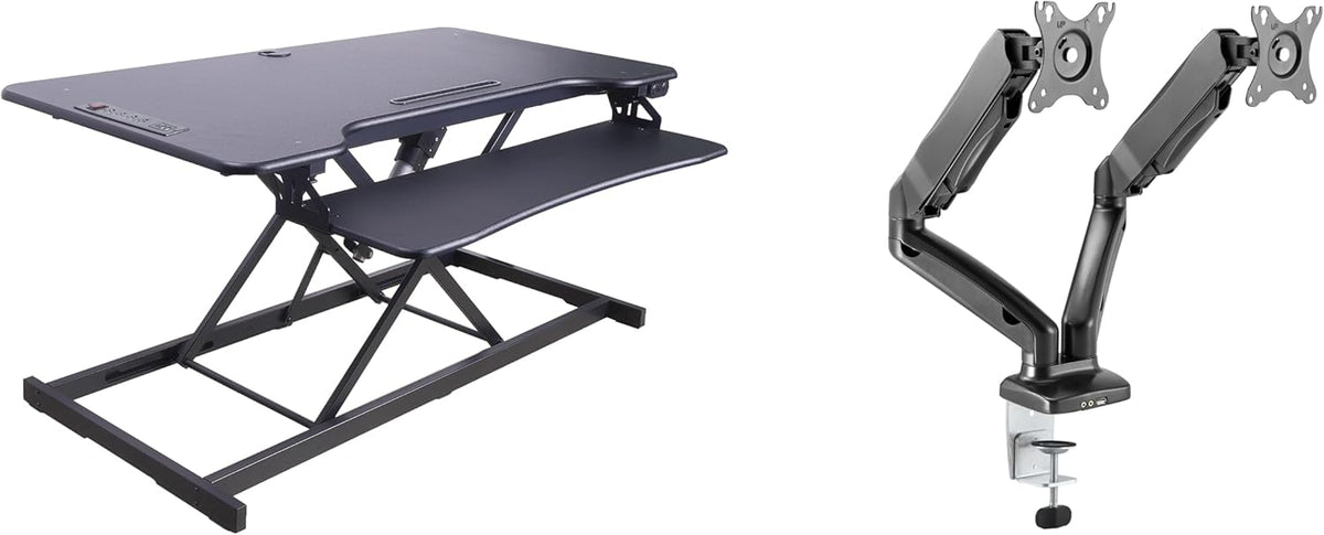 Rocelco 46" Electric Standing Desk Converter with AC Outlet USB Charger and Dual Monitor Arm Mount - Motorized Adjustable Sit Stand Riser - Tabletop Workstation Keyboard Tray - Black (R EDRB-46-MA2)