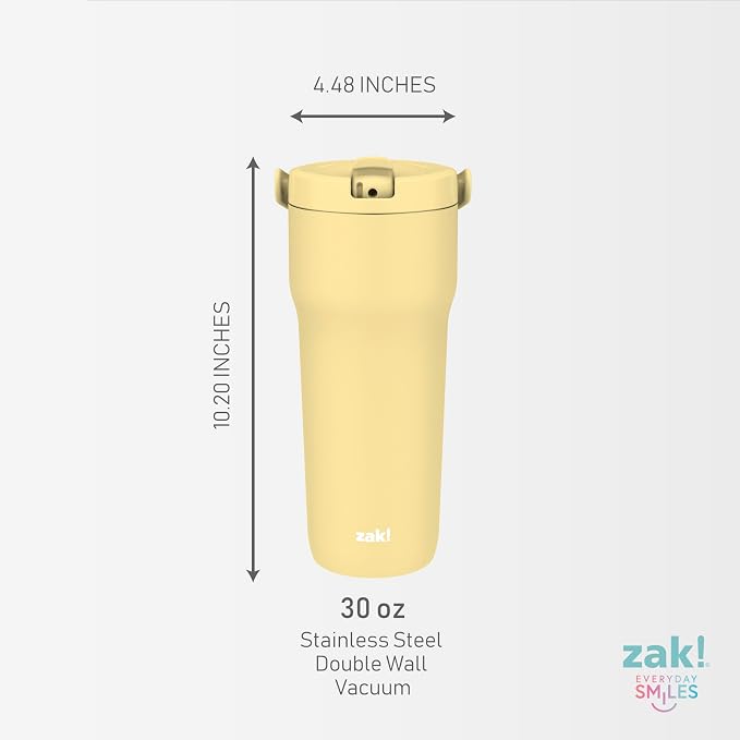 Zak Designs Sutton Travel Tumbler for On the Go, 30oz Stainless Steel with Vacuum Insulation, Straw Spout, Carry Handle for Cold Drinks (Vanilla Yellow)