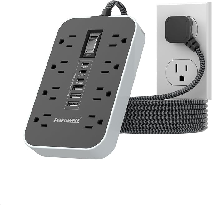 Power Strip Surge Protector- 5FT Flat Plug Extension Cord, 8 AC Outlet& 6 USB